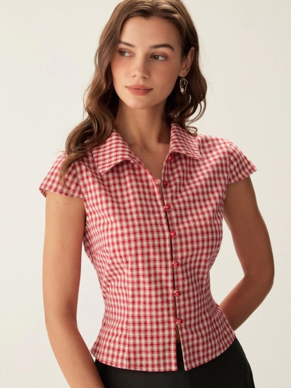 Rihoas Red Plaid Cap Sleeve Button Blouse Size Small NWT
